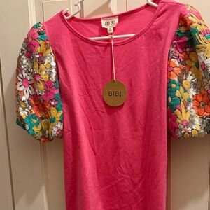 BiBi Vibrant Pink Top with Multicolor Floral Sleeves